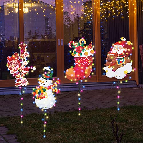 4 Pcs Metal Christmas Yard Sign w/ String Lights