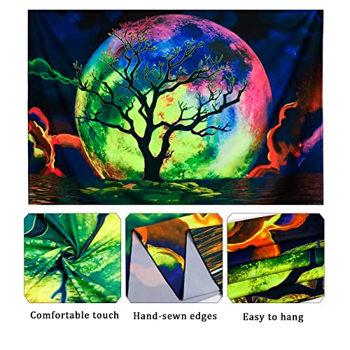 Blacklight Moon Trippy Galaxy Clouds Tree UV Ocean Sea Colorful Starry Sky Tapestry