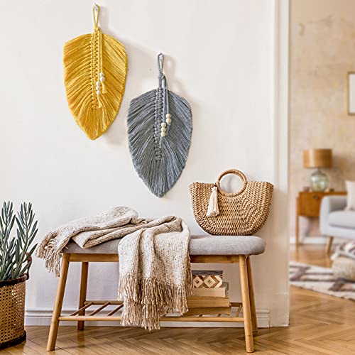 Cotton Macrame Feather Leaf w/  Wooden Beads Wall Decoration