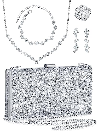 5 Pcs Purse Rhinestone Jewelry Set Rhinestone Clutch Purse Wedding Bride Prom Jewelry Necklace Earrings