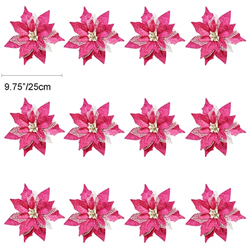 12Pcs Poinsettia Flowers Glitter Christmas Ornaments