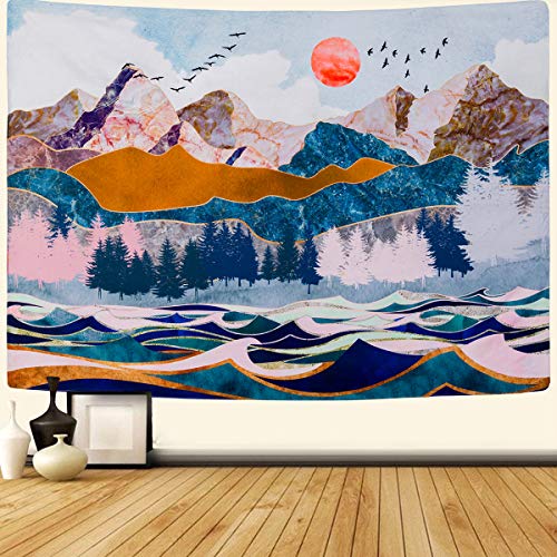 Mountain & Sunset Tapestry Forest Trees Wave Art Tapestry Nature Landscape Home Decoration