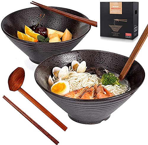2 Sets Ceramic Japanese Ramen Bowl Set 60 Ounce, / Matching Spoons