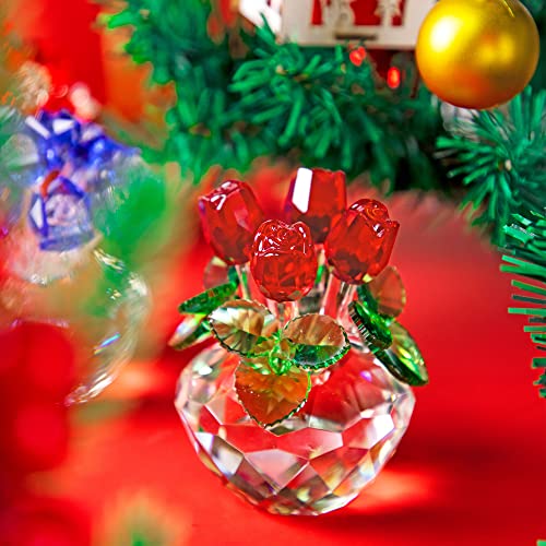 Handcrafted Red Crystal Flowers with Rotating Base Fengshui Home Decor