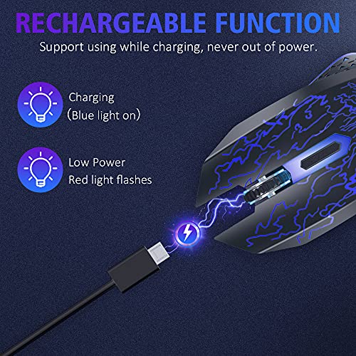 Wireless Gaming Mouse, Rechargeable w/ Colorful LED Lights, Silent Click, 2.4G USB Nano Receiver