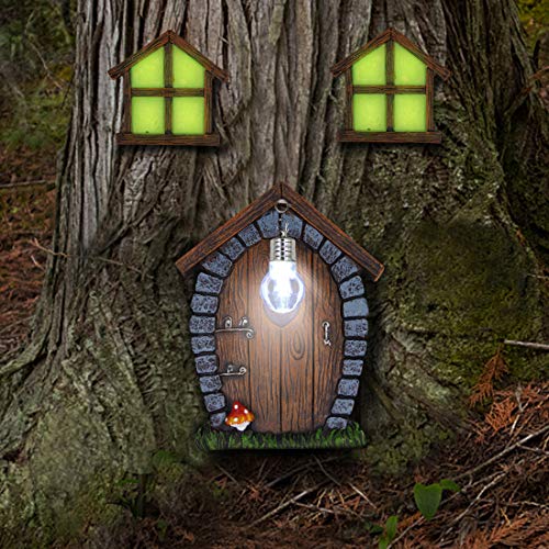 Fairy Gnome Home Miniature Window & Door w/ Litter lamp for Trees Decoration - Glow in Dark