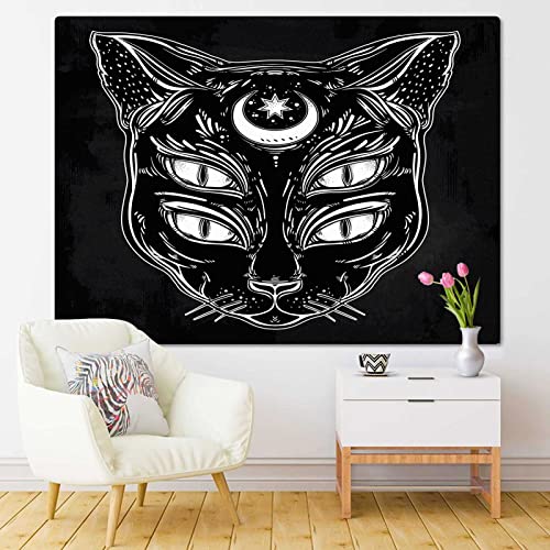 Tapestry Black Cat Head Portrait Moon and Four Eyes Eyed Home