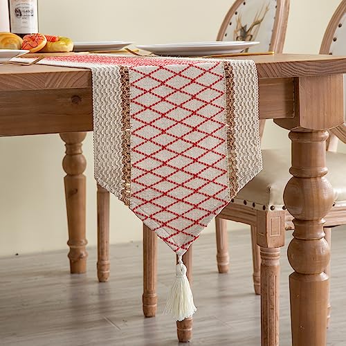 Table Runner, Boho Style with Tassels, Cotton & Linen, Farmhouse Home Decor for Living Room Dresser Scarfs