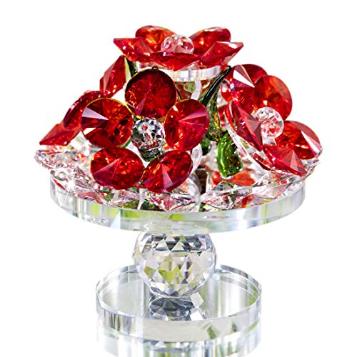 Handcrafted Red Crystal Flowers w/ Rotating Base Fengshui Home Decoration