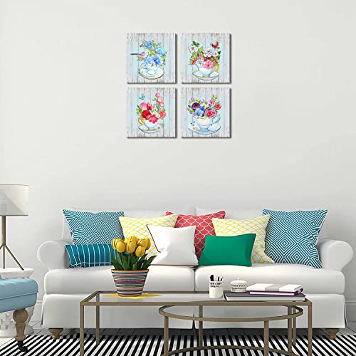 Blue Flower Canvas Wall Art Decor 12x12 - 4 Panels Ready to Hang