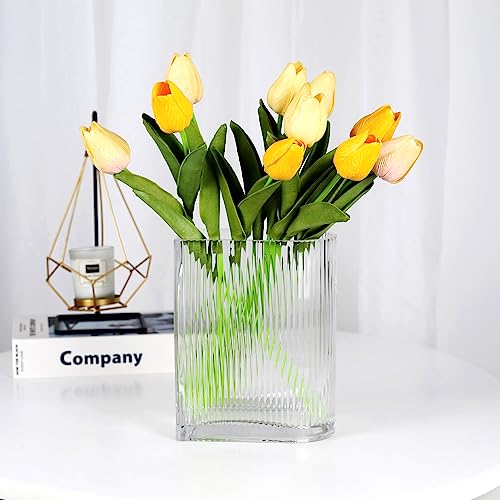 Clear Glass Vases for Centerpieces,Wide Ribbed Flowers Vase Large Wide Mouth Modern Fluted Glass