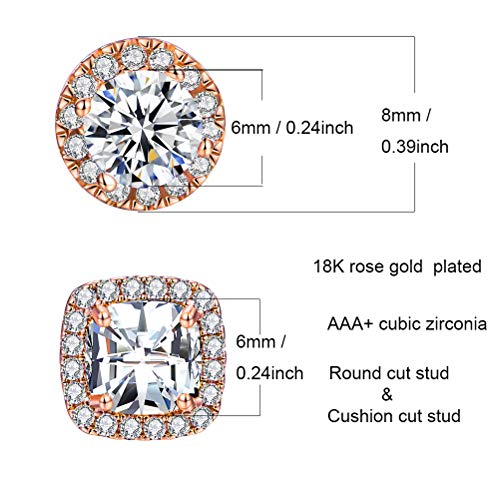 18K White Gold Plated Round Square Cubic Zirconia Simulated Diamond Halo Stud Earrings (2 Pairs)