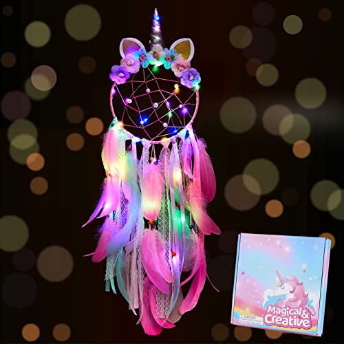 Unicorn Dream Catcher Wall Decor Led Dream Catchers with Light Colorful Feather Dreamcatchers