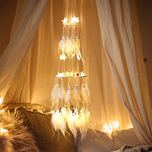 Double Circle Feather Dream Catcher w/ Mobile LED Fairy Lights Wall Ornaments