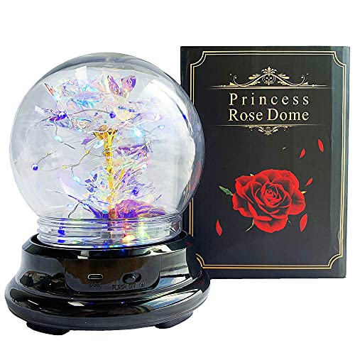 Galaxy Rose Flowers Forever Enchanted with Colorful LED Light in Glass Dome for Romantic Gifts