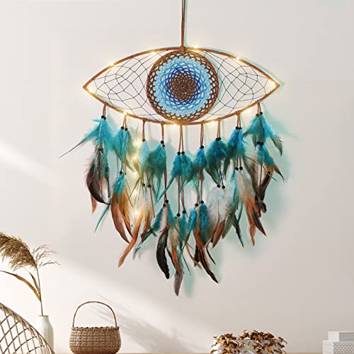 Evil Eye Dream Catcher with Fairy Lights, Blue Brown Dream Catchers for Bedroom, Evil Eye Wall Hanging