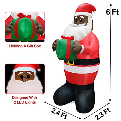 6Ft Tall Christmas  Inflatables Black Santa Claus Hold Gift Box w/ LED Lights