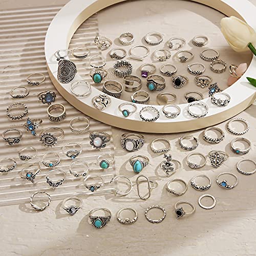 82 Pcs Vintage Silver Knuckle Bohemian Stackable Stone Crystal Rings Set for Women