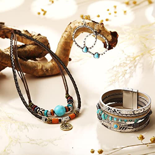 Women Bohemian Necklace, Braided Leather Wristbands Bracelets & Earring Set