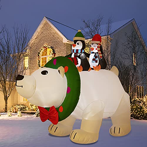 8FT Christmas Inflatable Polar Bear w/ Penguin & LEDs