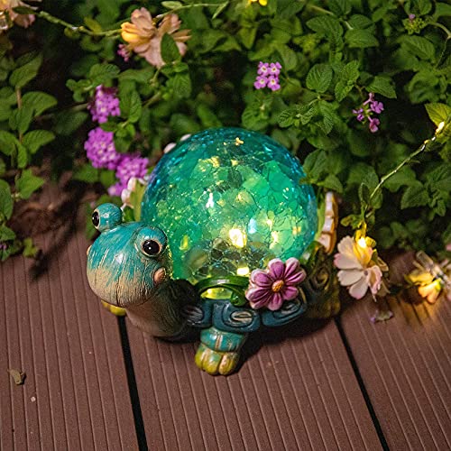 Garden Turtle Statue Outdoor Figurine Glass Solar Lights Decor