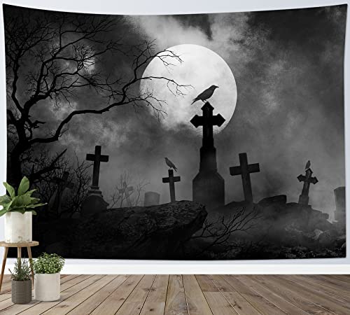 Halloween Tapestry Full Moon Black Crow Tombstone Dead Tree , Scary Grey Cemetery Forest Wall