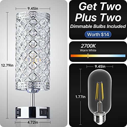 Touch Control Crystal Table Lamp w/ USB A+C Charging Ports & AC Outlet of 2(LED Light Bulb Included)