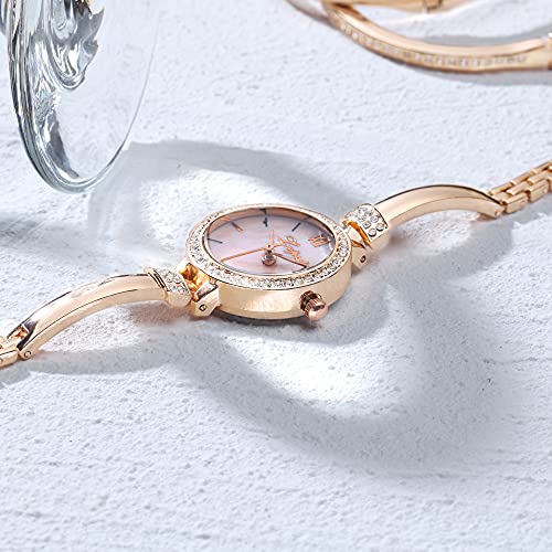 Elegant Rose Gold/Silver Watch & 3 Bracelets Set for Women