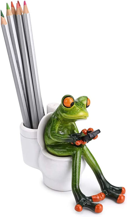 3D Craft Frog Figurine Statue Pencil Holder, Funny Green Frog Texting On Toilet  for Tabletop Decoration