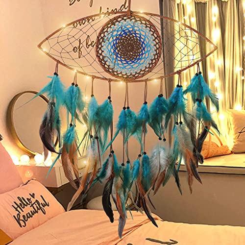 Evil Eye Dream Catcher with Fairy Lights, Blue Brown Dream Catchers for Bedroom, Evil Eye Wall Hanging