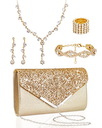 5 Pcs Purse Rhinestone Jewelry Set Rhinestone Clutch Purse Wedding Bride Prom Jewelry Necklace Earrings