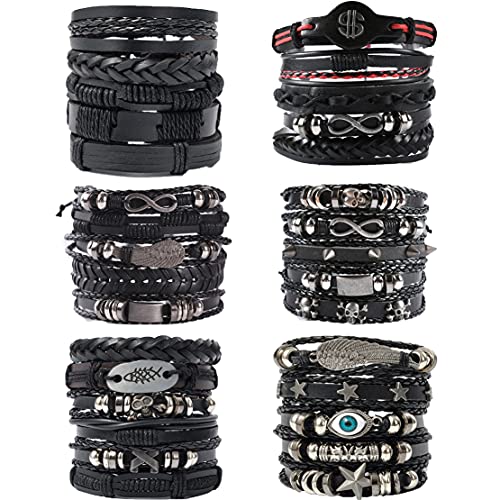 6 Packs Mens Punk Black Leather Bracelets