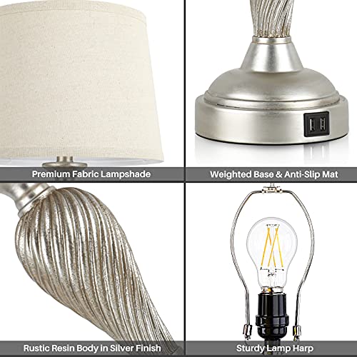 Touch Control 3-Way Dimmable Table Lamps Silver w/ USB, LED Bulbs Included