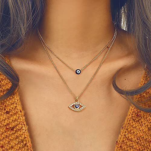 Gold Dainty Evil Eye Necklace & Hamsa Necklace Turkish Blue Eye Pendant for Women