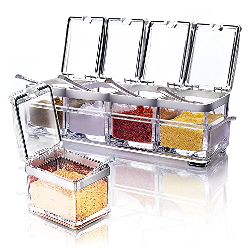 Set of 4 Acrylic Clear Box for Seasoning w/ Cover & Spoon