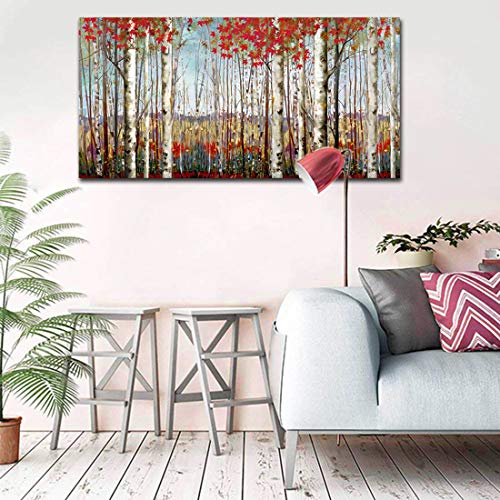 Canvas Wall Art Modern Decoration- Red Leaves White Birch Tree Forest 24x48 Inch