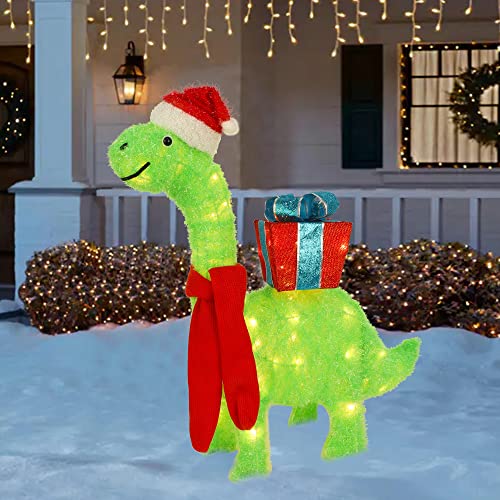 Lighted Christmas Green Dinosaur w/ Gift Box Decoration