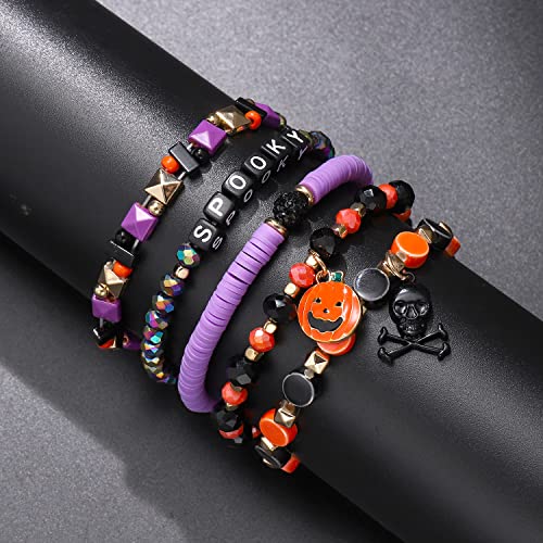 Halloween Beaded Bracelets Pumpkin Spider Ghost Charms Bracelets BOO Stretch Bracelets Holiday Set