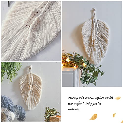 Cotton Macrame Feather Leaf w/  Wooden Beads Wall Decoration