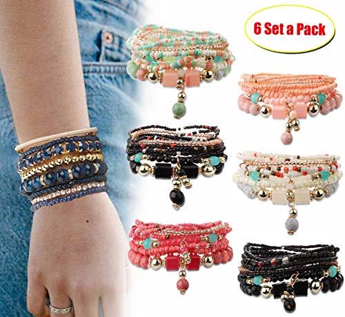 6 Sets Bohemian Stackable Bead Bracelets for Women Stretch Multilayer