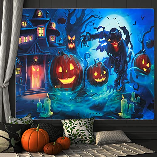 Halloween Blacklight Wall Tapestry Haunted Woods with Grave and Pumpkins, UV Reactive Wall Blanket