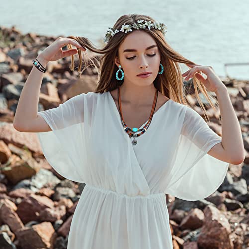 Women Bohemian Necklace, Braided Leather Wristbands Bracelets & Earring Set