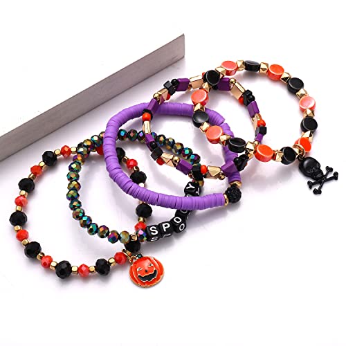 Halloween Beaded Bracelets Pumpkin Spider Ghost Charms Bracelets BOO Stretch Bracelets Holiday Set