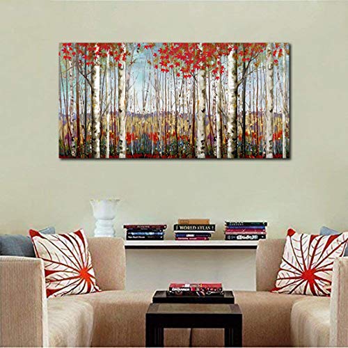 Canvas Wall Art Modern Decoration- Red Leaves White Birch Tree Forest 24x48 Inch