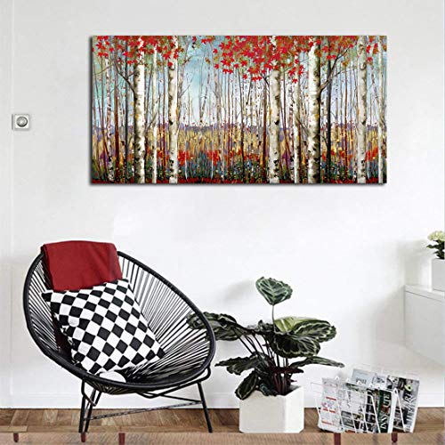 Canvas Wall Art Modern Decoration- Red Leaves White Birch Tree Forest 24x48 Inch