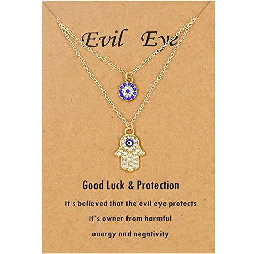 Gold Dainty Evil Eye Necklace & Hamsa Necklace Turkish Blue Eye Pendant for Women