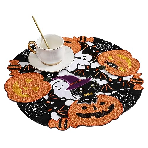 Embroidered Black Round Placemats 15 Inches, Thanksgiving Fall Pumpkins Table Decorations