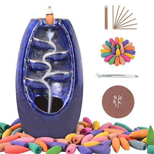 Ceramic Backflow Incense Holder Waterfall Incense Burner Bundle includes 120 Backflow Incense Cones + 30 Incense Sticks, Aromatherapy Home Decor