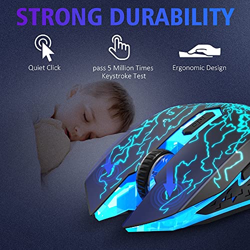 Wireless Gaming Mouse, Rechargeable w/ Colorful LED Lights, Silent Click, 2.4G USB Nano Receiver