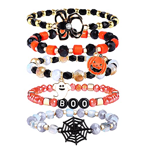 Halloween Beaded Bracelets Pumpkin Spider Ghost Charms Bracelets BOO Stretch Bracelets Holiday Set